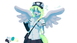 Size: 1000x563 | Tagged: safe, artist:heartwoozy, imported from derpibooru, derpy hooves, anthro, pegasus, arm wraps, bandaid, clothes, female, hat, mare, satchel, shirt, simple background, skirt, solo, spread wings, white background, wings