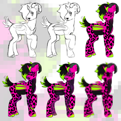 Size: 2000x2000 | Tagged: safe, artist:heartwoozy, imported from derpibooru, oc, oc only, bat pony, coat markings, fangs, horns, leopard print, needs more jpeg, open mouth, raised hoof, short tail, sparkledog, stylistic suck, tail, tail wag, wings