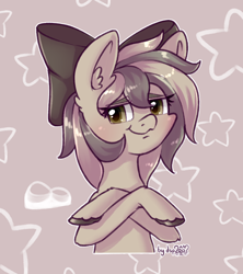 Size: 1044x1177 | Tagged: safe, artist:dsp2003, imported from derpibooru, oc, oc only, oc:stone, earth pony, pony, :3, abstract background, birthday gift art, blushing, bow, bust, crossed hooves, earth pony oc, eyelashes, female, gift art, hair bow, looking at you, mare, portrait, signature, smiling, smiling at you, smug, soft shading, solo, stars