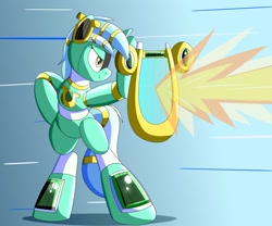 Size: 2000x1667 | Tagged: safe, artist:trackheadtherobopony, imported from derpibooru, lyra heartstrings, pony, robot, robot pony, bipedal, blast, lyrabot, lyre, musical instrument, roboticization, shield, solo