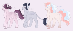 Size: 1280x539 | Tagged: safe, artist:ponymaws, imported from derpibooru, oc, oc only, earth pony, pegasus, pony, unicorn, coat markings, dappled, earth pony oc, horn, leonine tail, offspring, parent:big macintosh, parent:fancypants, parent:pinkie pie, parent:rainbow dash, parent:rarity, parents:fancydash, parents:pinkiepants, parents:rarimac, pegasus oc, pink background, simple background, tail, trio, unicorn oc