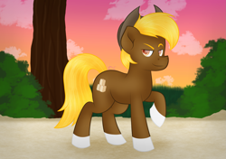 Size: 2507x1763 | Tagged: safe, artist:vivi's corner, imported from derpibooru, oc, oc only, oc:acres, earth pony, pony, cowboy hat, earth pony oc, grass, hat, present, tree