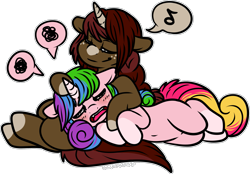 Size: 1889x1312 | Tagged: safe, artist:sexygoatgod, imported from derpibooru, oc, oc only, oc:cinnamon sugar, oc:rainy shine, pony, unicorn, aunt and niece, chibi, cuddling, disguise, disguised changeling, duo, simple background, transparent background, venting