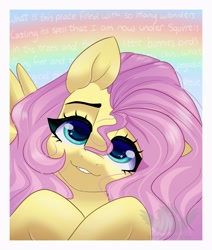 Size: 2200x2600 | Tagged: safe, artist:skyboundsiren, imported from derpibooru, fluttershy, pegasus, pony, bust, cute, female, full face view, head tilt, high res, looking at you, mare, passepartout, rainbow, shyabetes, smiling, smiling at you, so many wonders, solo, stray strand, wings