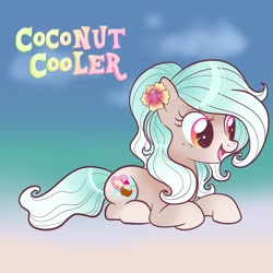 Size: 2048x2048 | Tagged: safe, artist:art_alanis, imported from derpibooru, oc, oc only, oc:coconut cooler, earth pony, pony, flower, flower in hair, freckles, lying down, open mouth, open smile, prone, smiling, solo