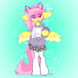 Size: 1500x1500 | Tagged: safe, artist:koapony, imported from derpibooru, oc, oc:koa, pegasus, semi-anthro, cat ears, clothes, colored wings, colored wingtips, eye clipping through hair, floppy ears, hoodie, nyah, skirt, socks, solo, spread wings, thigh highs, wings