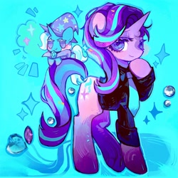 Size: 2048x2048 | Tagged: safe, artist:jojofassbender, imported from derpibooru, starlight glimmer, trixie, pony, unicorn, blue background, chibi, clothes, cyan background, necktie, shirt, simple background, smiling, sparkles