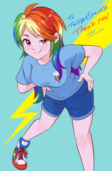 Size: 2228x3406 | Tagged: safe, artist:tsunemoku, imported from derpibooru, rainbow dash, human, adorasexy, breasts, busty rainbow dash, clothes, cute, cutie mark on clothes, female, humanized, light skin, pants, sexy, shirt, sneakers, solo, tomboy