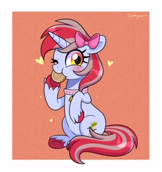 Size: 3100x3300 | Tagged: safe, artist:darkynez, imported from derpibooru, oc, oc only, oc:cinnamon lightning, pony, unicorn, bell, bell collar, blushing, bow, cinnamon bun, collar, female, floating heart, food, hair bow, heart, horn, looking at you, mare, nom, one eye closed, sitting, solo, underhoof, unicorn oc, unshorn fetlocks, wink