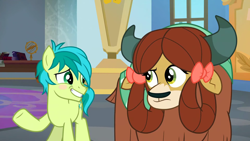 Size: 1920x1080 | Tagged: safe, imported from derpibooru, screencap, sandbar, yona, earth pony, pony, yak, season 9, she's all yak, spoiler:s09, 1080p, awkward, awkward moment, awkward smile, blushing, confused, duo, female, implied shipping, implied straight, implied yonabar, looking at each other, looking at someone, male, monkey swings, shipping, smiling, stallion, straight, yonabar