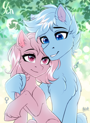 Size: 2060x2800 | Tagged: safe, artist:hakaina, imported from derpibooru, oc, oc only, unnamed oc, earth pony, pony, belly, blurry background, cheek fluff, chest fluff, colored, colored sketch, commission, concave belly, couple, cute, duo, ear fluff, eyebrows, female, female symbol, grin, height difference, high res, hoof fluff, hooves, hug, lidded eyes, lighting, looking at each other, looking at someone, male, male symbol, mare, ocbetes, raised hoof, rose eyes, shading, signature, sitting, sketch, slim, smiling, smiling at each other, stallion, thin, unshorn fetlocks, ych example, your character here