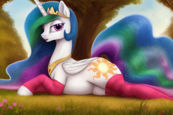 Size: 1920x1280 | Tagged: safe, derpibooru exclusive, editor:dovakkins, imported from derpibooru, princess celestia, alicorn, pony, ai content, ai generated, beautiful, clothes, cute, female, forest background, generator:stable diffusion, grass, hooves, jewelry, looking at you, lying down, mare, open mouth, peytral, prone, socks, solo, sparkly mane, sparkly tail, sploot, stockings, tail, thigh highs