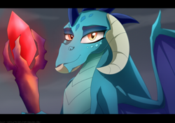 Size: 1024x719 | Tagged: safe, artist:mercurycraft7, imported from derpibooru, princess ember, dragon, bloodstone scepter, dragon lord ember, dragoness, female, glowing, holding something, looking at you, smiling, solo