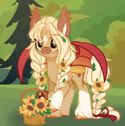 Size: 2556x2587 | Tagged: safe, artist:emberslament, imported from derpibooru, oc, oc only, oc:sunflower honey, bat pony, pony, basket, bow, braid, braided pigtails, braided tail, female, flower, flower in hair, freckles, heart, heart eyes, mare, pigtails, solo, sunflower, tail, tail bow, unshorn fetlocks, wingding eyes