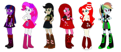 Size: 1474x639 | Tagged: safe, artist:03daimond24, artist:selenaede, imported from derpibooru, applejack, fluttershy, pinkie pie, rainbow dash, rarity, twilight sparkle, alicorn, human, elements of insanity, equestria girls, alternate cutie mark, alternate universe, applepills, base used, boots, bracelet, brutalight sparcake, clothes, cutie mark on clothes, demented six, equestria girls style, equestria girls-ified, fluttershout, general hat, hand on hip, hat, high heel boots, high heels, jewelry, loose hair, pinkamena diane pie, pinkis cupcake, purple hat, rainbine, rainbine ears, rarifruit, shoes, simple background, transparent background, twilight sparkle (alicorn)