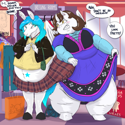 Size: 1125x1125 | Tagged: safe, artist:endlessbuffet, imported from derpibooru, oc, oc:apollo, oc:mitchy, alicorn, anthro, crossdressing, duo, fat, fat fetish, femboy, fetish, male, obese
