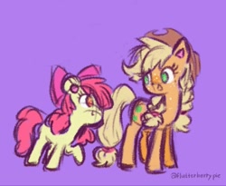 Size: 1003x823 | Tagged: safe, artist:flutterberrypie, imported from derpibooru, apple bloom, applejack, earth pony, pony, adorabloom, apple sisters, cute, duo, female, filly, foal, freckles, looking at each other, looking at someone, mare, no pupils, purple background, raised hoof, round ears, siblings, simple background, sisters