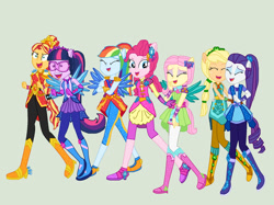 Size: 1280x955 | Tagged: safe, imported from twibooru, applejack, fluttershy, pinkie pie, rainbow dash, rarity, sci-twi, sunset shimmer, twilight sparkle, equestria girls, boots, clothes, cowboy boots, crystal guardian, high heel boots, humane five, humane seven, humane six, image, needs more jpeg, shoes, solo