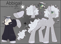 Size: 3500x2500 | Tagged: safe, artist:medkit, imported from derpibooru, oc, oc only, oc:abbigail madness of the night, pegasus, pony, choker, clothes, colored eyelashes, colored hooves, colored pupils, colored wings, eyelashes, eyeshadow, feather, feathered wings, female, folded wings, fur, gradient background, gradient iris, grayscale, high res, jacket, makeup, mare, metal insert, missing cutie mark, monochrome, outfit, owner, owner:medkit, pegasus oc, reference sheet, short mane, short tail, solo, spots, standing, tail, wings