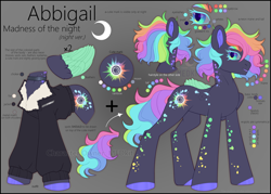 Size: 3500x2500 | Tagged: safe, artist:medkit, imported from derpibooru, oc, oc only, oc:abbigail madness of the night, pegasus, pony, choker, clothes, colored eyebrows, colored eyelashes, colored hooves, colored pupils, colored wings, crescent moon, cutie mark, dark whites, eyelashes, feather, feathered wings, female, folded wings, fur, glow, glowing eyes, gradient background, gradient iris, high res, jacket, lipstick, makeup, mare, metal insert, moon, multicolored mane, multicolored tail, neon, neon feather, neon hooves, neon mane, neon rainbow, neon tail, neon wings, outfit, owner, owner:medkit, pegasus oc, rainbow, reference sheet, short mane, short tail, solo, spots, standing, tail, wings
