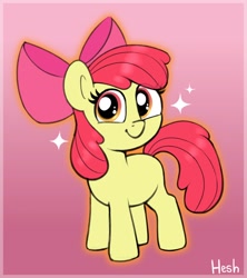 Size: 1920x2160 | Tagged: safe, artist:heretichesh, imported from derpibooru, apple bloom, earth pony, pony, adorabloom, apple bloom's bow, blank flank, bow, cute, eye clipping through hair, female, filly, foal, gradient background, hair bow, looking at you, smiling, smiling at you, solo, sparkles