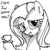 Size: 768x768 | Tagged: safe, artist:omelettepony, fluttershy, pegasus, pony, female, food, hoof hold, looking at you, mare, monochrome, open mouth, open smile, question mark, simple background, talking, talking to viewer, tea, text, white background