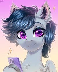 Size: 2000x2500 | Tagged: safe, artist:hakaina, imported from derpibooru, oc, oc only, pegasus, pony, cellphone, chest fluff, ear fluff, eyelashes, eyeshadow, fluffy, gray coat, heart, heart eyes, hoof hold, looking at you, magenta eyes, makeup, partially open wings, pegasus oc, phone, smartphone, solo, wing fluff, wingding eyes, wings