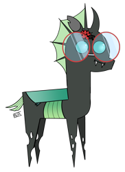 Size: 4000x5500 | Tagged: safe, artist:evan555alpha, imported from ponybooru, oc, oc only, oc:yvette (evan555alpha), changeling, insect, ladybug, pony, :i, broach, changeling oc, colored sketch, dorsal fin, evan's daily buggo ii, fangs, female, glasses, looking to side, looking to the right, pointy ponies, round glasses, signature, simple background, sketch, solo, style emulation, transparent background, wide eyes