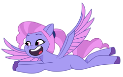 Size: 2023x1270 | Tagged: safe, artist:amicasecret-yt, imported from derpibooru, pegasus, pony, female, flying, g5, mare, my little pony: tell your tale, open mouth, open smile, simple background, smiling, solo, spread wings, unnamed character, unnamed pony, white background, wings