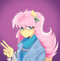 Size: 1853x1887 | Tagged: safe, artist:aztrial, imported from derpibooru, fluttershy, anthro, pegasus, spoiler:comic67, 80's fashion, 80s, 80s hair, alternate hairstyle, clothes, denim, denim jacket, ear piercing, earring, female, jacket, jewelry, messy hair, necklace, peace sign, piercing, purple background, simple background, solo, turtleneck, wristband