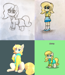 Size: 1740x1992 | Tagged: safe, artist:anonymous, artist:b-epon, imported from derpibooru, oc, oc:jenny, earth pony, human, pony, pony town, equestria girls, blonde hair, blonde mane, blonde tail, clothes, commission, equestria girls-ified, flats, hand on hip, humanized, scarf, shoes, skirt, smiling, socks, solo, sweater, tail