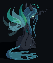 Size: 1267x1508 | Tagged: safe, artist:moped_cirrus, imported from derpibooru, queen chrysalis, changeling, changeling queen, black background, bugbutt, butt, facing away, female, looking at you, looking back, looking back at you, plot, simple background, sitting, solo