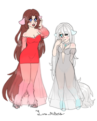 Size: 597x744 | Tagged: safe, alternate version, artist:luna_mcboss, imported from derpibooru, oc, oc only, oc:althea, oc:yamire, satyr, arm behind back, blue eyes, blushing, brown hair, clothes, dress, duo, gown, humanized, humanized oc, jewelry, long hair, looking at you, necklace, one eye closed, simple background, unshorn fetlocks, white background, white hair, wink, winking at you