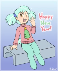 Size: 1398x1694 | Tagged: safe, artist:heretichesh, imported from derpibooru, oc, oc only, oc:hope, satyr, bench, christmas sweater, clothes, female, gradient background, happy new year, holiday, looking at you, new year, offspring, open mouth, open smile, parent:lyra heartstrings, signature, sitting, smiling, smiling at you, solo, sweater, text, waving at you