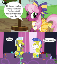 Size: 1920x2160 | Tagged: safe, edit, edited screencap, imported from derpibooru, screencap, cheerilee, earth pony, pony, sparkle's seven, the cart before the ponies, absurd resolution, armor, cheeriguard, cheerileeder, cheerleader, confetti, excited, female, male, mare, royal guard, shipping, shipping domino, smiling, speech bubble, stallion, straight, streamers