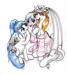Size: 2203x2482 | Tagged: safe, artist:40kponyguy, derpibooru exclusive, imported from derpibooru, oc, oc:clarise, oc:flame burst, oc:vanilla, pegasus, pony, derpibooru community collaboration, clothes, cute, dress, ear fluff, female, hat, looking at each other, looking at someone, looking at you, male, mare, pegasus oc, raised hoof, simple background, stallion, traditional art, trio, white background