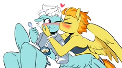 Size: 1161x646 | Tagged: safe, artist:redxbacon, imported from derpibooru, fleetfoot, spitfire, anthro, pegasus, blushing, cheek kiss, clothes, duo, eyes closed, female, fleetfire, floppy ears, food, ice cream, jacket, kissing, lesbian, one eye closed, shipping, simple background, spoon, sports bra, spread wings, warmup suit, white background, wings