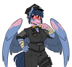 Size: 1130x1068 | Tagged: safe, artist:redxbacon, imported from derpibooru, oc, oc only, oc:patchwork, anthro, ghoul, pegasus, undead, bandage, clothes, fallout, goggles, mailmare, red eyes, simple background, solo, uniform, uniform hat, white background