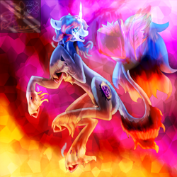 Size: 5800x5800 | Tagged: safe, artist:florarena-kitasatina/dragonborne fox, imported from derpibooru, oc, oc only, oc:crimson flame, unicorn, absurd file size, absurd resolution, black sclera, book, cloven hooves, crystallized, fire, horn, leonine tail, my eyes, quill, rearing, signature, tail, terastallized, unicorn oc, unshorn fetlocks, watermark