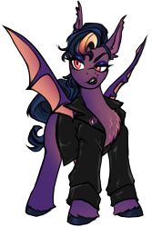 Size: 957x1429 | Tagged: safe, artist:pixxpal, imported from derpibooru, oc, oc:bea, oc:beatrice, bat pony, pony, derpibooru community collaboration, 2023 community collab, clothes, cool, cyber, eyeshadow, female, jacket, leather, leather jacket, lipstick, makeup, noir, simple background, solo, transparent background