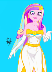 Size: 952x1316 | Tagged: safe, alternate version, artist:flutteryaylove, derpibooru exclusive, edit, editor:enrique zx, imported from derpibooru, princess cadance, human, a canterlot wedding, equestria girls, blue background, breasts, busty princess cadance, canterlot wedding 10th anniversary, clothes, dean cadance, dress, female, g4, horn, looking at you, show accurate, simple background, smiling, solo, veil, wedding dress, wedding veil, wings