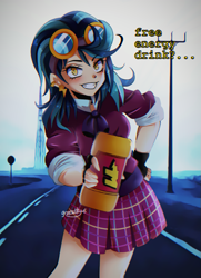Size: 637x879 | Tagged: safe, artist:granatty, imported from derpibooru, indigo zap, human, equestria girls, clothes, crystal prep academy uniform, energy drink, female, grin, looking at you, school uniform, smiling, solo, street, text