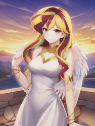 Size: 512x682 | Tagged: safe, editor:sammykun, imported from derpibooru, sunset shimmer, human, ai content, ai generated, angel, angelic wings, bracelet, breasts, brick wall, clothes, dress, eyebrows, eyebrows visible through hair, folded wings, generator:novelai, generator:stable diffusion, gold, humanized, jewelry, looking at you, metal, mountain, ocean, outdoors, reasonably sized breasts, smiling, smiling at you, solo, sunset, water, white dress, wings, wrong eye color
