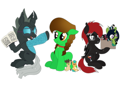 Size: 2299x1627 | Tagged: safe, artist:dyonys, imported from derpibooru, hitch trailblazer, oc, oc:demon hellspawn, oc:lucky brush, oc:night chaser, oc:sanguine hangover, oc:tarsi, changeling, earth pony, half-siren, hybrid, pony, derpibooru community collaboration, 2023 community collab, baby, baby pony, biting, book, box, braid, changeling oc, curved horn, earth pony oc, fangs, female, fluffy, folded wings, g5, glasses, group, happy, hoof hold, horn, leviathan cross, magical gay spawn, male, mare, offspring, pegabat, pointy ponies, simple background, sitting, slit pupils, stallion, tail, tail feathers, teenager, transparent background, wings