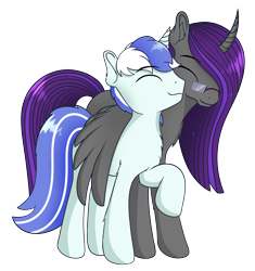 Size: 3558x3792 | Tagged: safe, artist:etheria galaxia, derpibooru exclusive, imported from derpibooru, oc, oc only, oc:etheria galaxia, oc:scratch wub, alicorn, pony, unicorn, derpibooru community collaboration, 2023 community collab, alicorn oc, chest fluff, curved horn, ear fluff, eyes closed, female, glasses, horn, hug, male, mare, nuzzling, simple background, smiling, stallion, transparent background, unicorn oc, winghug, wings