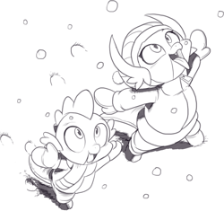 Size: 882x829 | Tagged: safe, artist:nauyaco, imported from derpibooru, smolder, spike, dragon, catching snowflakes, clothes, cute, cute little fangs, dragoness, duo, duo male and female, fangs, female, grayscale, hat, male, mittens, monochrome, scarf, simple background, smolderbetes, snow, snowfall, spikabetes, sweet dreams fuel, tongue out, toque, white background