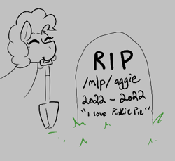 Size: 374x343 | Tagged: safe, artist:dsstoner, imported from derpibooru, pinkie pie, earth pony, pony, aggie.io, eyes closed, female, grass, gravestone, mare, monochrome, mouth hold, shovel, simple background, smiling