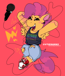 Size: 1100x1300 | Tagged: safe, artist:dsstoner, imported from derpibooru, scootaloo, pegasus, pony, belt, blushing, clothes, cutiemarks (and the things that bind us), eyes closed, fangs, female, filly, foal, jumping, microphone, open mouth, pants, piercing, raised hoof, red background, ripped pants, shoes, simple background, sneakers, spread wings, tanktop, torn clothes, vylet pony, wings, wrapped up