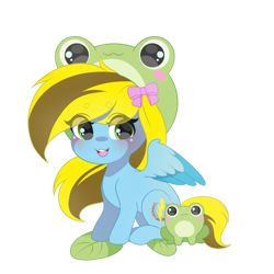 Size: 894x894 | Tagged: safe, artist:yomechka, imported from derpibooru, oc, oc only, oc:lucky bolt, frog, pegasus, pony, blushing, bow, cute, female, frog costume, hair bow, hat, looking at you, mare, pegasus oc, simple background, smiling, smiling at you, solo, transparent background