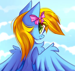 Size: 917x871 | Tagged: safe, artist:airiniblock, imported from derpibooru, oc, oc only, oc:lucky bolt, pegasus, pony, bow, chest fluff, female, green eyes, hair bow, looking at you, looking back, looking back at you, mare, pegasus oc, sky, smiling, smiling at you, solo, wings